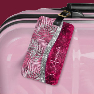 Chic rosa fuchsia glitter löv monogram bagagebricka