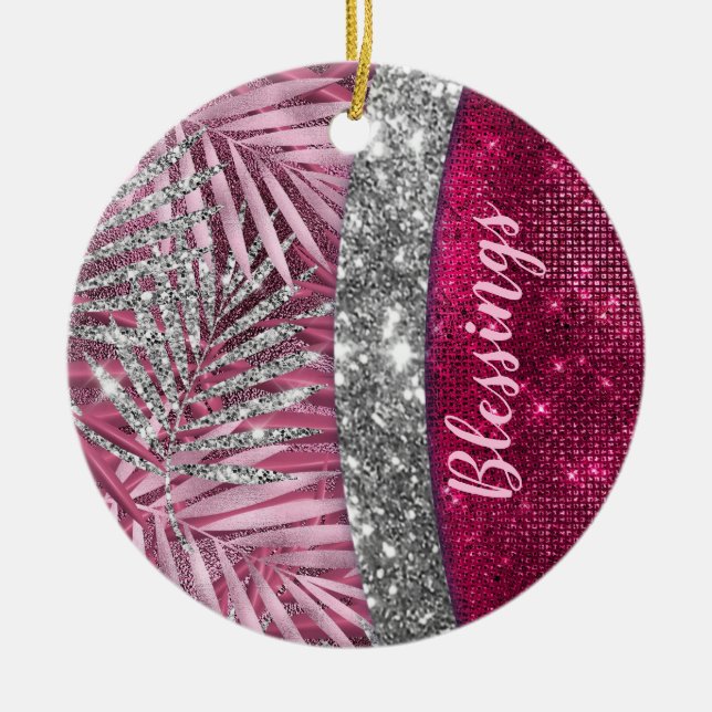 Chic  rosa fuchsia glitter löv monogram julgransprydnad keramik (Framsidan)