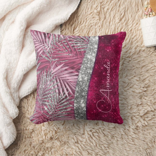 Chic  rosa fuchsia glitter löv monogram kudde (Filt)
