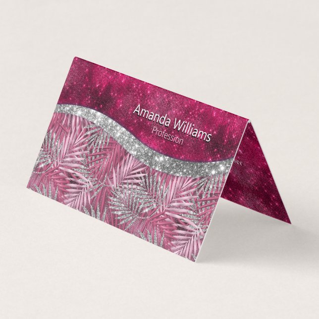 Chic  rosa fuchsia glitter löv monogram visitkort (Framsida)