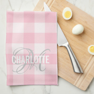 Chic  rosa gingham monogram namn kökshandduk