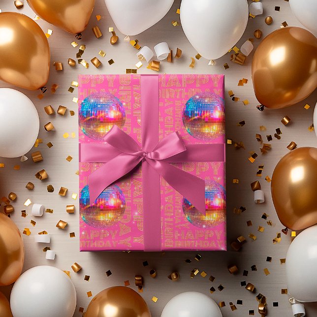 Chic Rosa Glad Födelsedag Guld Glitter Disco Boll Presentpapper (Skapare uppladdad)