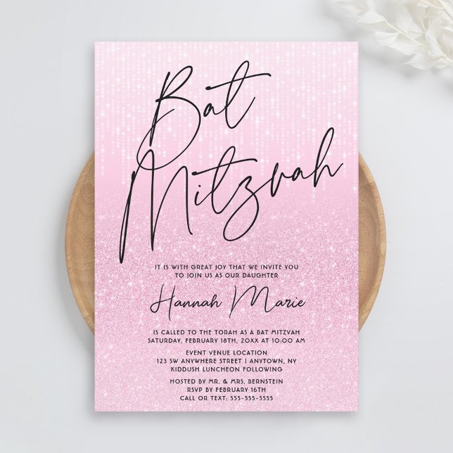 Chic Rosa Glitter Bat mitzvah Inbjudningar (Skapare uppladdad)