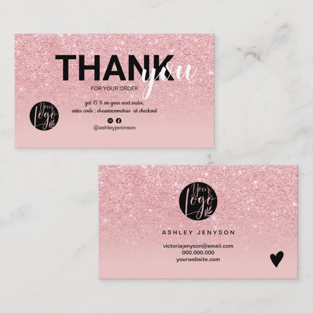 Chic rosa glitter coola logotyp  tack visitkort (Fram/baksida)