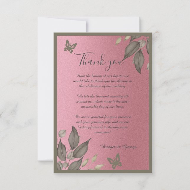 Chic Rosa Glitter Foliage Bröllop tack (Framsida)