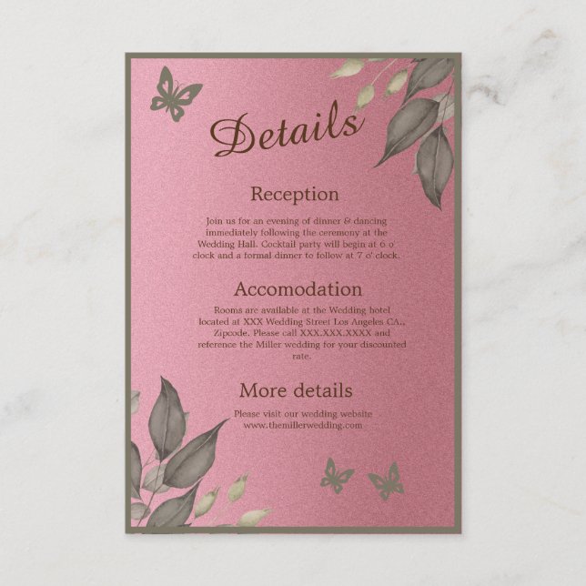 Chic Rosa Glitter Foliage bröllop Tilläggskort (Framsida)
