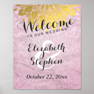 Chic Rosa Glitter Guld Blommigt Bröllop Poster