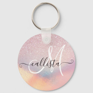 Chic Rosa Glitter Iridescent Holografisk övertonin Nyckelring