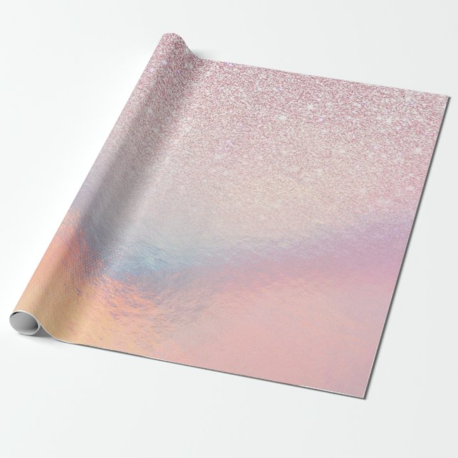 Chic Rosa Glitter Iridescent Holografisk övertonin Presentpapper (Utrullad)