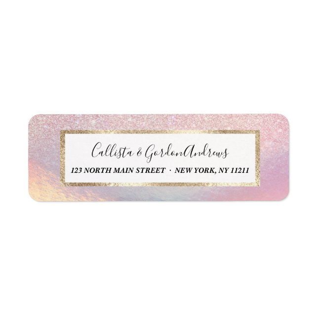Chic Rosa Glitter Iridescent Holografisk övertonin Returadress Etikett (Framsidan)