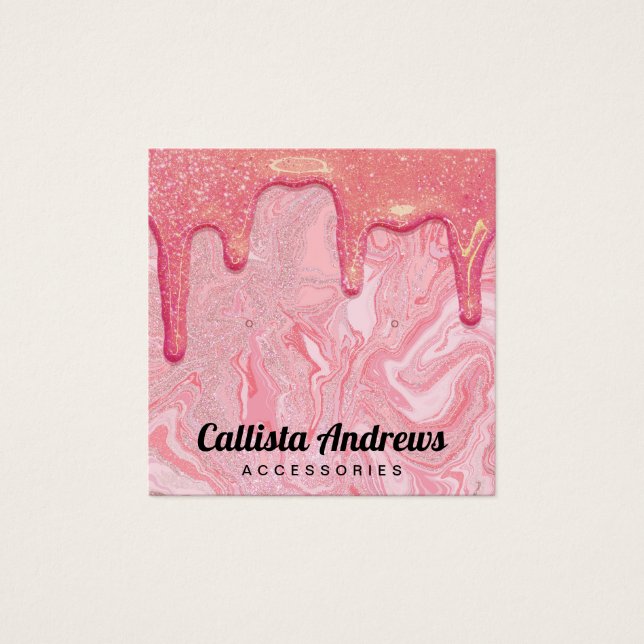 Chic Rosa Glitter Marble Drips Earrings Visning Fyrkantigt Visitkort (Framsida)