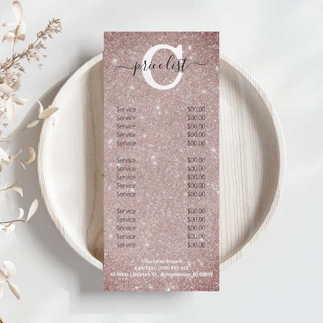 Chic  Rosa Glitter Monogram Salon Nagel Menu Meny (Skapare uppladdad)