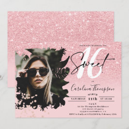 Chic rosa glitter ombre blommigt foto Söt 16 Inbjudningar