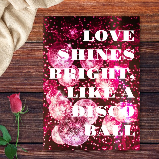 Chic Rosa Glitter Retro Disco Balls Bröllop Inbjudningar (Front)