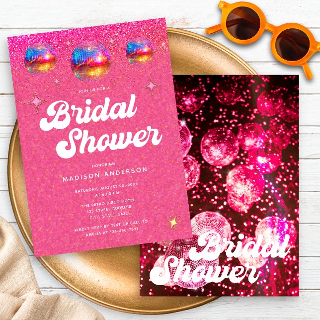 Chic rosa glitter retro disko boll bröllopsdusch inbjudningar (Skapare uppladdad)