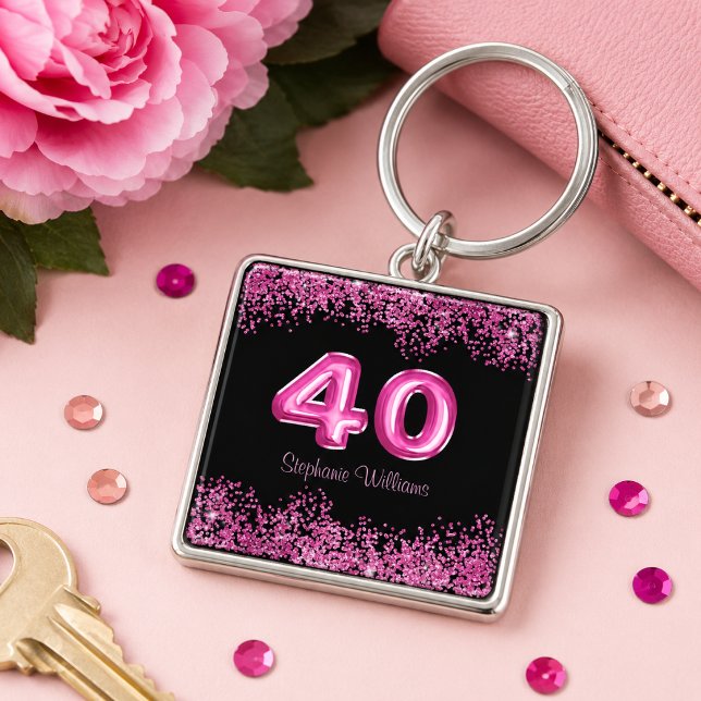 Chic rosa glitter svart 40-årsdag  fyrkantig silverfärgad nyckelring (Add name to customize.  Please see the collection for matching items.)