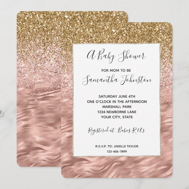 Chic Rosa Glitz Zebra tryck Baby Shower Inbjudningar (Fram/baksida)