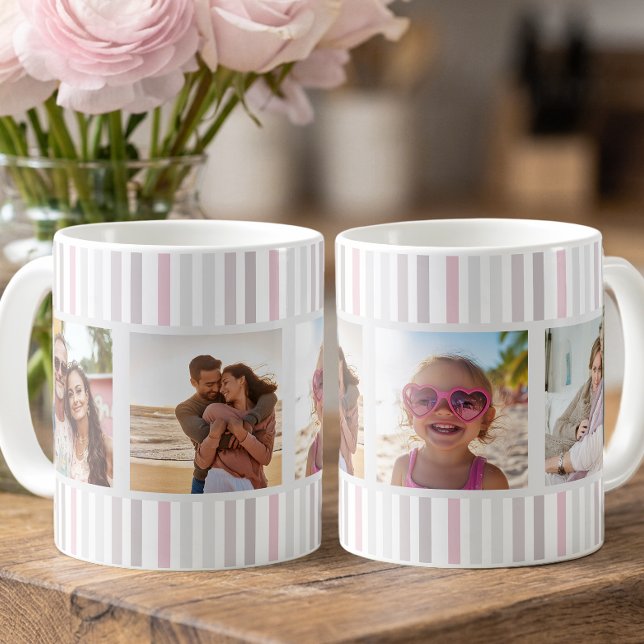 Chic rosa grå randig multi fotogallergrid kaffemugg (4 photo striped mug in pink and grey stripes by Darling & May)