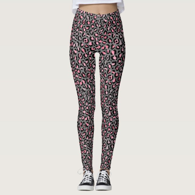 Chic Rosa Grått Leopard Skriv ut Leggings (Framsida)