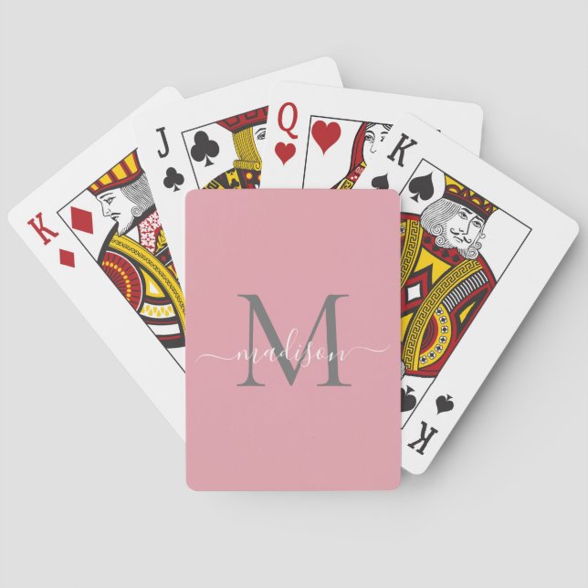 Chic  Rosa Grått Monogram Girly Modern Script Casinokort (Baksidan)