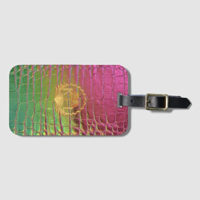 Chic Rosa Grön Croc Monogram Guld Crest Bagagebricka (Framsida horisontal)