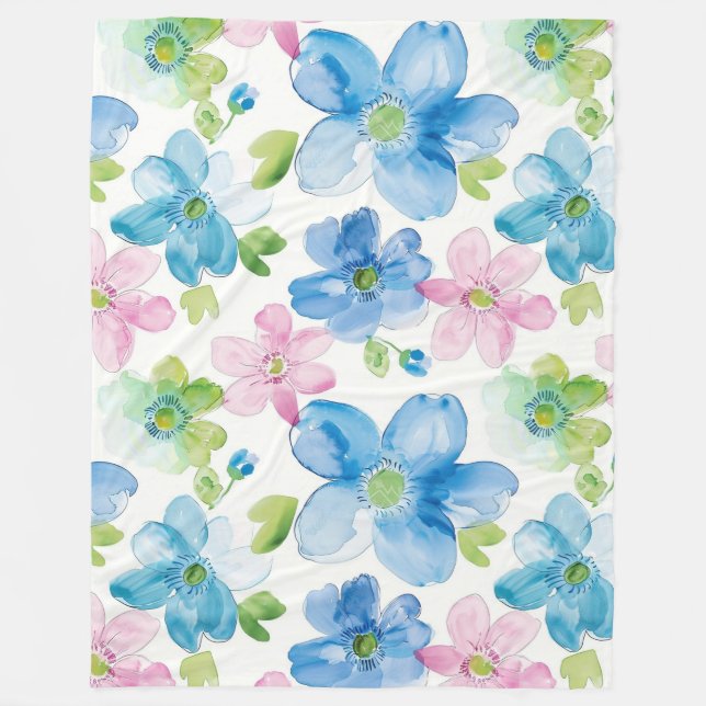 Chic Rosa Grönt Blue Blommigt Fleecefilt (Framsidan)