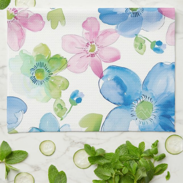 Chic Rosa Grönt Blue Blommigt Kökshandduk (Vikta)