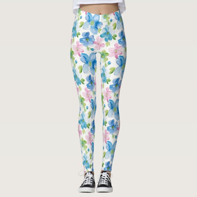 Chic Rosa Grönt Blue Blommigt Leggings (Framsida)