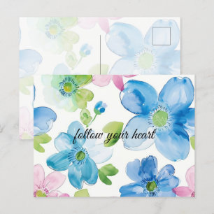 Chic Rosa Grönt Blue Blommigt Vykort