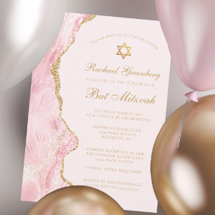 Chic Rosa Guld Agate Bat mitzvah Party Anpassnings Inbjudningar