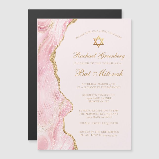 Chic Rosa Guld Agate Bat mitzvah Party Anpassnings Magnetisk Inbjudningskort (Fram/baksida)