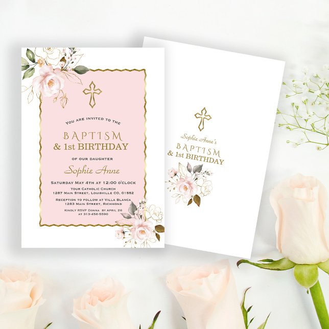 Chic Rosa Guld Blommigt Girl 1:a födelsedagen och  Inbjudningar (pink floral baptism and 1st birthday invitation, elegant, trendy, modern baptism first birthday )