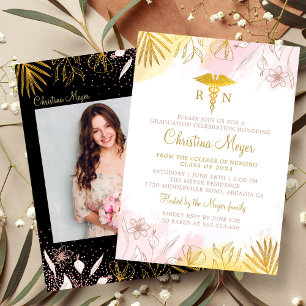 Chic Rosa Guld Blommigt RN Nursing Studenten Photo Inbjudningar