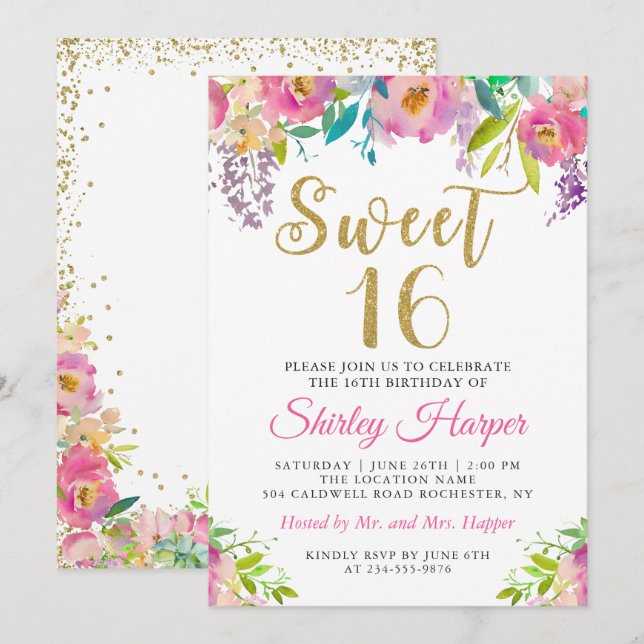 Chic Rosa Guld Blommigt Sweet sixteen 16 Födelseda Inbjudningar (Fram/baksida)
