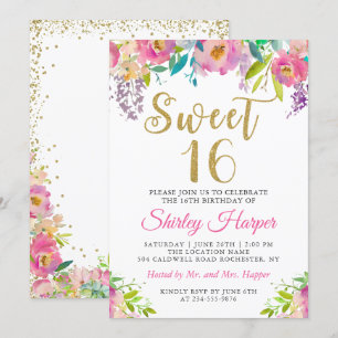 Chic Rosa Guld Blommigt Sweet sixteen 16 Födelseda Inbjudningar