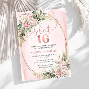 Chic Rosa Guld Blommor och Grönska Sweet Sixteen Inbjudningar