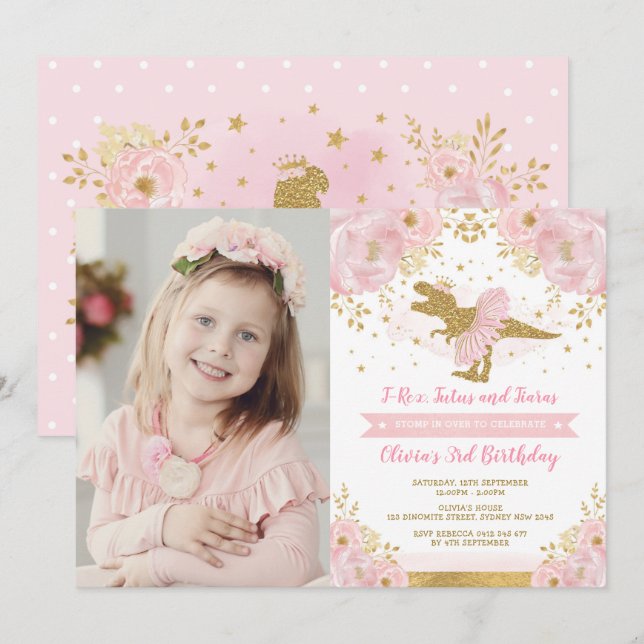 Chic  Rosa Guld Dinosaur T Rex Girl Birthday Inbjudningar (Fram/baksida)