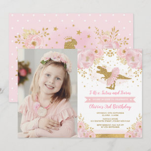 Chic Rosa Guld Dinosaur T Rex Girl Birthday Inbjudningar
