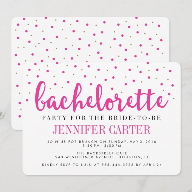 Chic Rosa Guld Dots Bachelorette-partiets inbjudan (Fram/baksida)