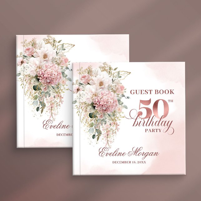 Chic Rosa Guld Eukalyptus 50-års Födelsedags Gästb Gästböcker (Chic Rose Gold Eucalyptus 50th Birthday Guest Book)