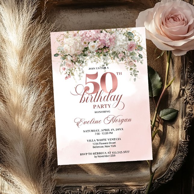 Chic Rosa Guld Eukalyptus 50-årsfirande Inbjudningar (Chic Rose Gold Eucalyptus 50th Birthday Celebration Invitation

)