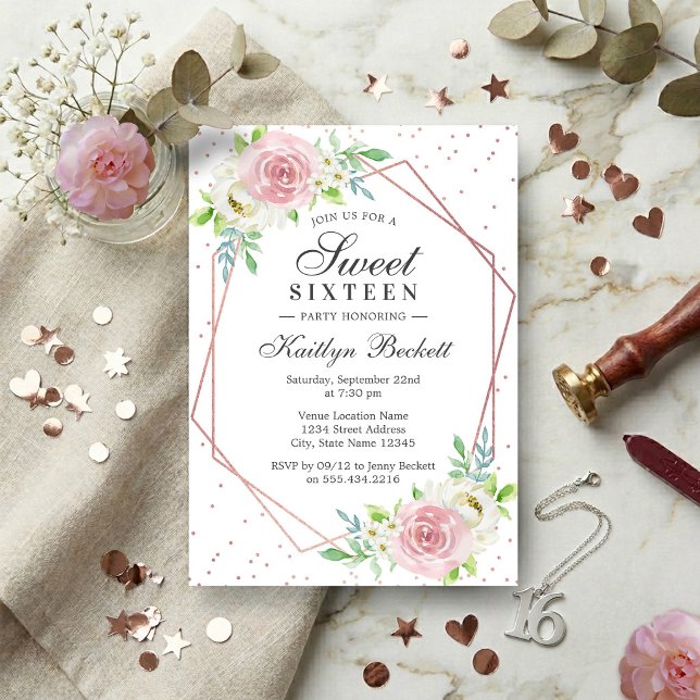 Chic Rosa Guld Folie Blommig Sweet 16 Födelsedag Inbjudningar (Skapare uppladdad)