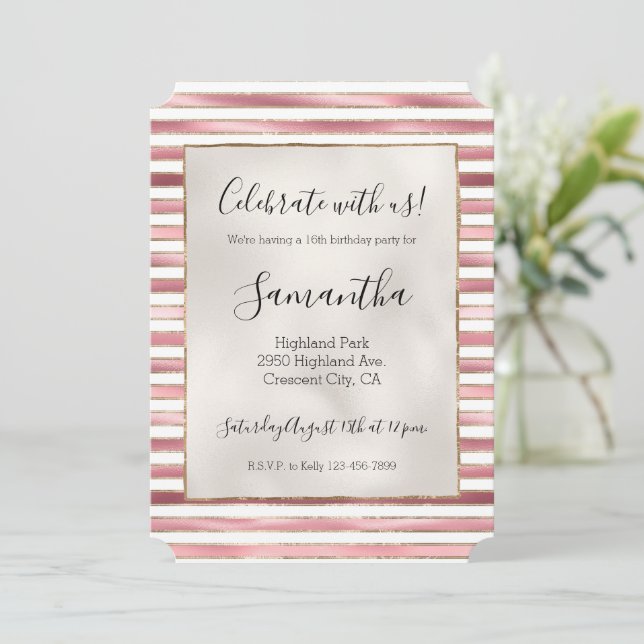 Chic Rosa Guld Glam Vita Ränder Inbjudningar (Stående Fram)