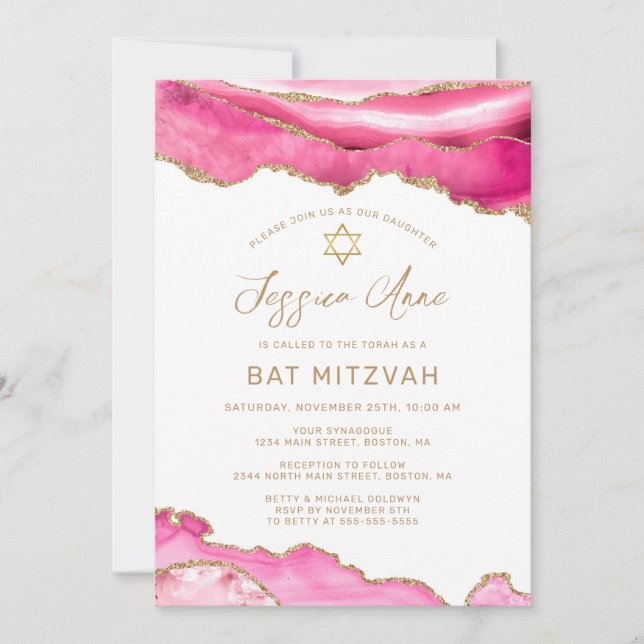 Chic Rosa Guld Glitter Agate Bat mitzvah Inbjudningar (Framsida)