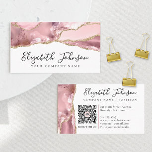 Chic Rosa Guld Glitter Agate Marble QR Code Visitkort