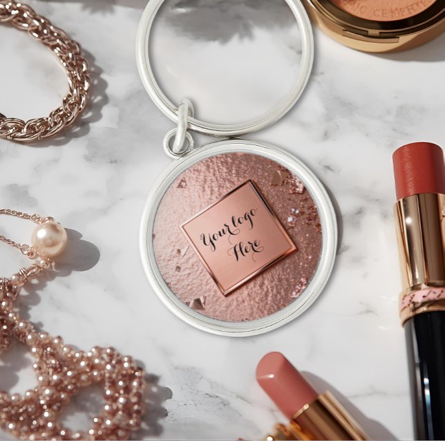 Chic Rosa Guld Glitter Anpassad Logo  Rund Silverfärgad Nyckelring (Skapare uppladdad)