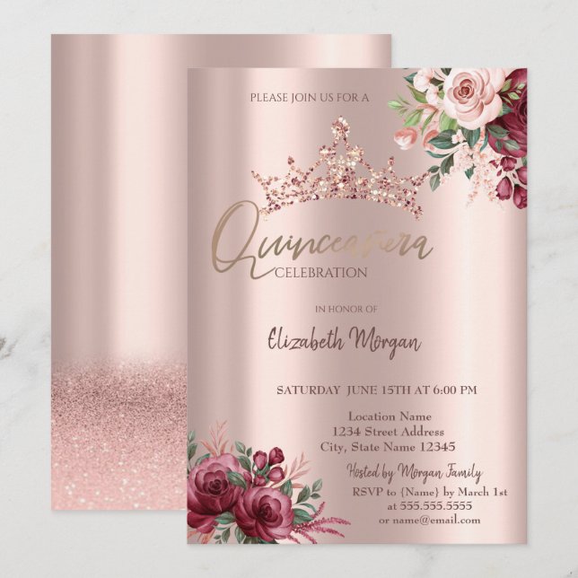 Chic Rosa Guld Glitter Blommor Krona Quinceañera Inbjudningar (Fram/baksida)