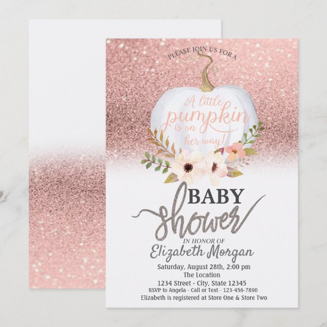 Chic Rosa Guld Glitter Bokeh, Pumpa Baby Shower Inbjudningar (Fram/baksida)