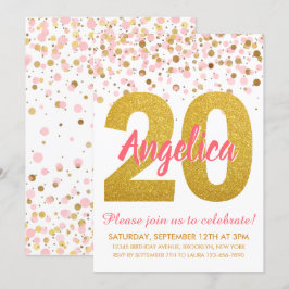 Chic Rosa Guld Glitter Confetti Girl 20:e födelsed Inbjudningar