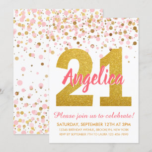 Chic Rosa Guld Glitter Confetti Girl 21 Birthday Inbjudningar